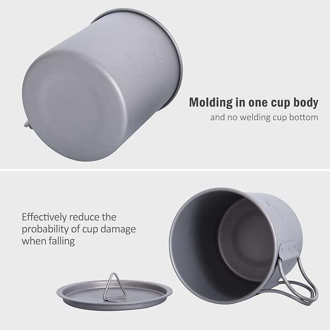 iBasingo 450ml Titanium Mug with Lid Tea Coffee Water Cup Outdoor Camping Pot Ultra-light Portable Hiking Backpacking Cooking Kit Picnic Tableware Drinkware with Foldable Handle Ti3035D