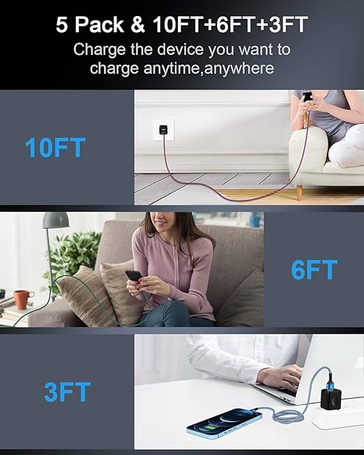 Lightning Charger-10Ft, 5Pack USB A to Lightning Cable for iPhone 14 Pro Max 14Pro 14 13 13Pro 12 Max 12Pro 11 Mini 11Pro SE X XR XS 8 Plus 7 6 6s Apple Certified Phone Charging Power Cord Wire