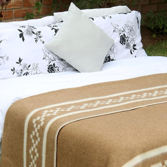 Inca Wall Thick Alpaca Wool Blanket Heavyweight Camping Outdoors Indoors Soft Peru Twin Size New Ethnic Design (Soft Camel/Ivory, Twin Size)