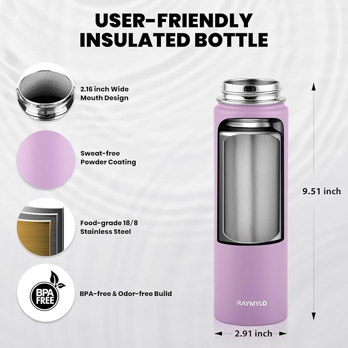 Insulated Water Bottle 20 oz, Triple Wall Vacuum Stainless Steel (Cold for 48 Hrs), Leak Proof & Non-BPA, Kids Water Bottle Jug for School with Straw Spout Lids, Lilac