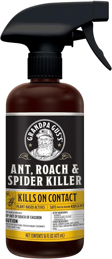 Grandpa Gus's Natural Ant Roach Spider Killer Spray, Fast-Acting Plant-Based Insect Control, Safe for Kids Pets, Indoor Outdoor Use, Non-Greasy, Fresh Scent, 16 fl oz