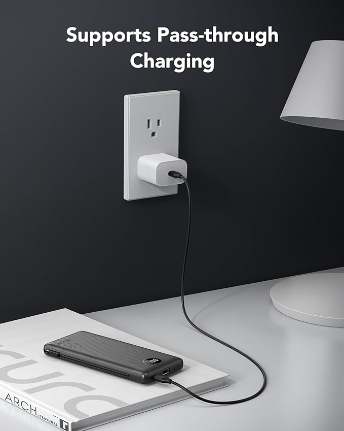 VRURC Portable Charger with Wall Plug, 10000mAh Slim Portable Charger Built in Cables,PD 20W Fast Charging Power Bank with Cords,USB C Portable Phone Charger Travel Accessories -Black(1 Pack)