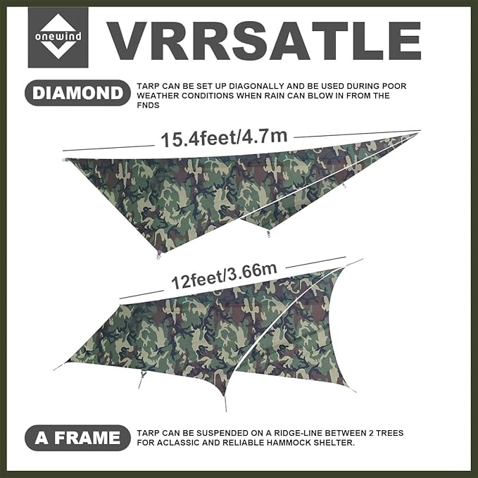 Onewind 12×10 ft Camo Camping Tarp, Billow Tarp Shelter Lightweight Waterproof Hammock Rainfly for Stealth Camping Army Military Bushcraft, Easy to Setup with Tent Pegs and Guyline, Camouflage