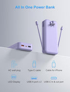 Portable Charger with Wall Plug, 20000mAh USB C Power Bank Fast Charging, External Battery Pack with Built in Cables, Digital Display, 5 Output 2 Input for iPhone Android Cell Phone Tablet