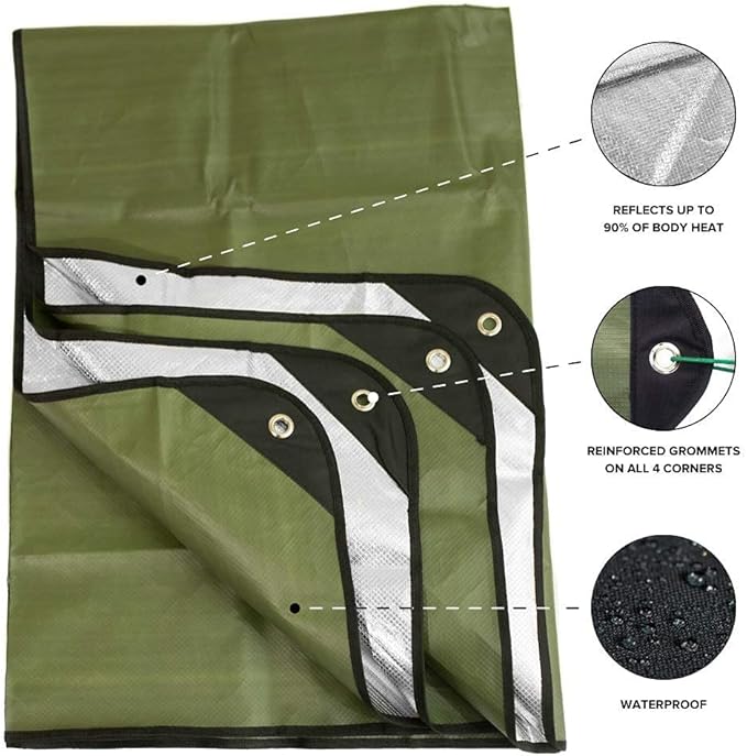 Arcturus Insulated Tarp, Reusable Heavy Duty Thermal Survival Blanket – 60x82in, Reflects 90% Body Heat, Waterproof, Windproof, 3-Layer Design, Reinforced Grommets, Olive Green