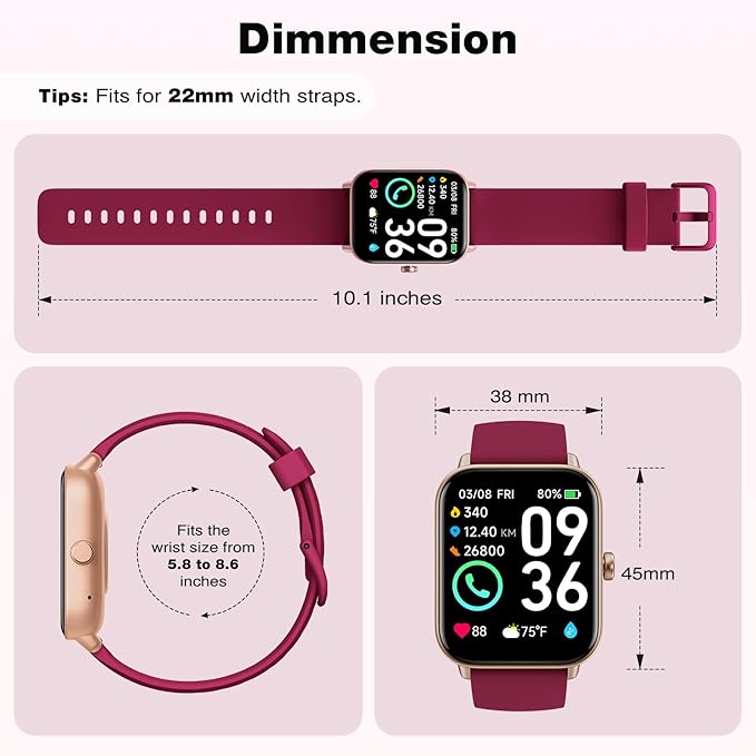 Fitpolo Smart Watch for Women,1.8” Touchscreen, Bluetooth Call, Alexa Built-in,24/7 Heart Rate SpO2 Monitor,Step Counting,Sleep Tracking, IP68 Waterproof Fitness Tracker Watch for Android iPhone