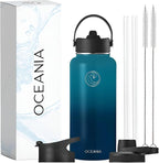 Oceania Flask 32oz Stainless Steel Water Bottles | Modern, Leakproof, Hydro BPA-Free, Insulated Water Bottle with 3 Lids, 3 Straws & 2 Straw Cleaning Brushes | Simple Camping & Hiking Water Bottle