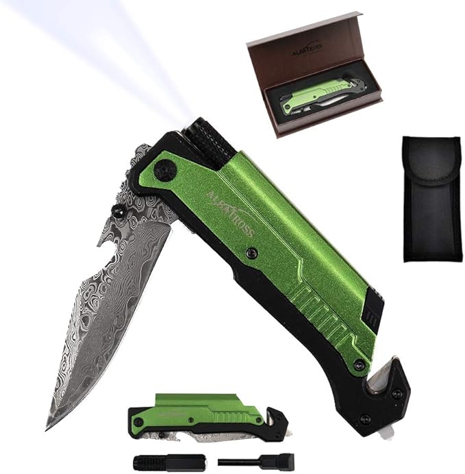 ALBATROSS 7-in-1 Damascus Folding Knife - Glass Breaker/Seatbelt Cutter/Flashlight/Fire Starter, Military Rescue Tool with Carrying Bag - FK01-DA-GN (Green)