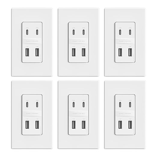 ELEGRP 42W Fast Charge & Power Delivery 4-Port USB Charger, Wall Outlet with 4 USB Ports, UL/CUL Listed, Wall Plate Included, 6 Pack, Matte White