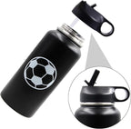 32 oz Soccer Water Bottle, Wide Mouth Sports Flask Travel Tumbler with 2 Lids, Stainless Steel Double Wall Vacuum Leak Proof Insulated Water Bottles, Soccer Stuff Gifts for Mom Men Boys Girls Player