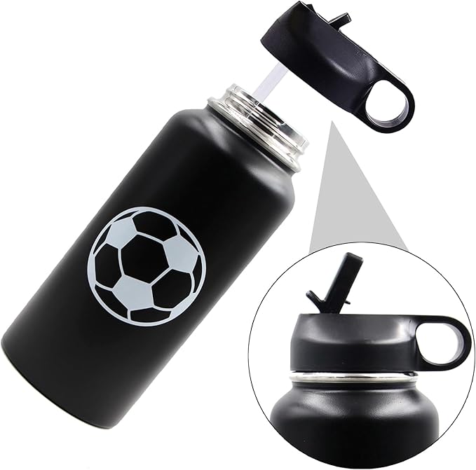 32 oz Soccer Water Bottle, Wide Mouth Sports Flask Travel Tumbler with 2 Lids, Stainless Steel Double Wall Vacuum Leak Proof Insulated Water Bottles, Soccer Stuff Gifts for Mom Men Boys Girls Player