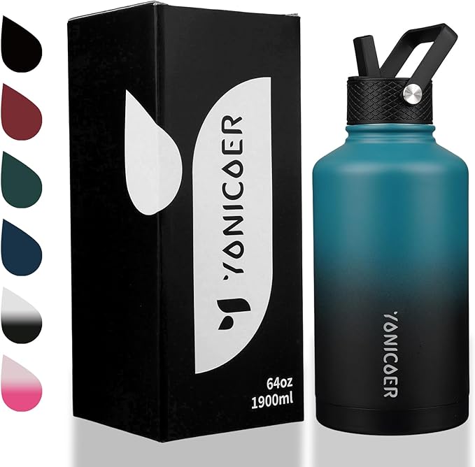 Insulated Water Bottle 64oz,Triple Wall Vacuum Stainless Steel(Dishwasher Safe),Leak Proof & Non-BPA,Flask Jug with Paracord Handle & Straw Spout Lids Sports Gradient indigo blue/black