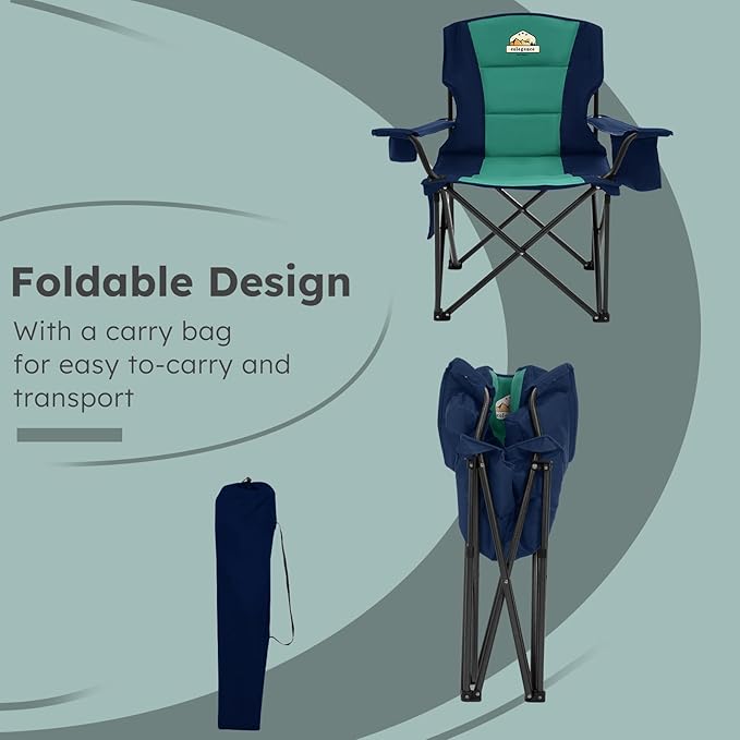Colegence Heavy Duty Camping Chair for Adults Set of 2, Oversized Heavy People Foldable Padding Outside Camp Chairs, with Cooler Bag Cup Holder, Side Pocket for Lawn,Sport,Outdoor,Dark Blue