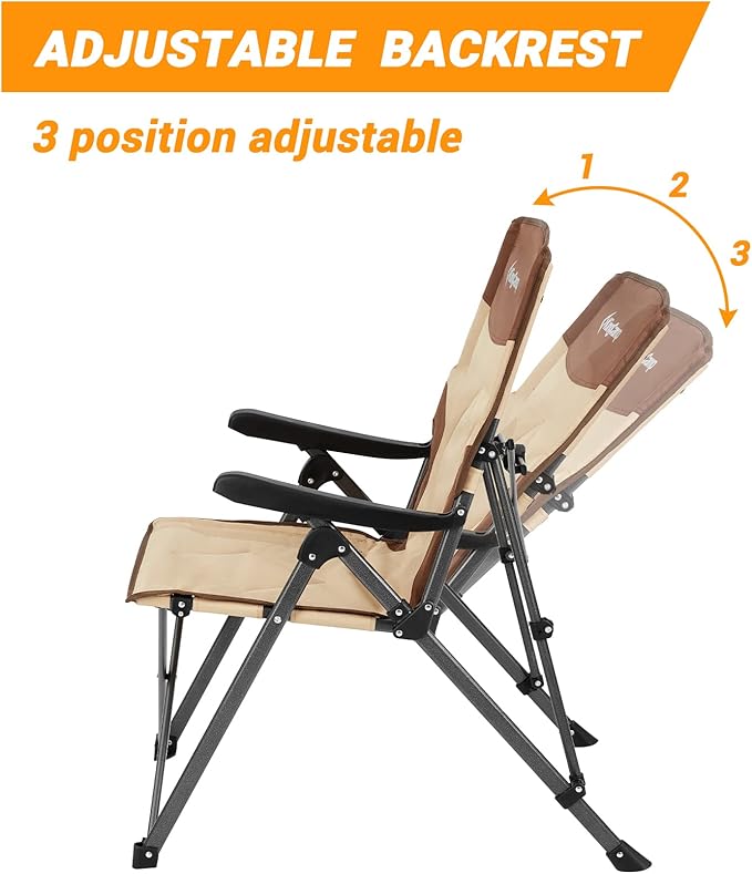 KingCamp 3-Position Adjustable Camping Chairs Heavy Duty High Back Oversized Chairs for Outside Portable Padded Backrest Camp Chair (Khaki/Coffee)