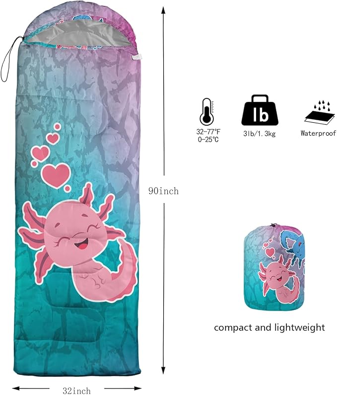 HOSIMA Cartoon Axolotl Sleeping Bags for Kids 10-12,Blue Cartoon Kids Sleeping Bags for Girls Boys,Compact Sleeping Bag for Camping Essentials and Hiking.
