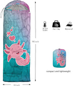 HOSIMA Cartoon Axolotl Sleeping Bags for Kids 10-12,Blue Cartoon Kids Sleeping Bags for Girls Boys,Compact Sleeping Bag for Camping Essentials and Hiking.