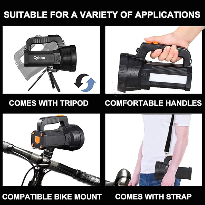 Super Bright LED Spotlight Rechargeable Flashlight 10000 Lumen Handheld Spotlight 10000mAh Long Lasting Torchlight Searchlight Flood Fishing Hiking Camping Flashlight USB Output with Tripod