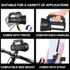 Super Bright LED Spotlight Rechargeable Flashlight 10000 Lumen Handheld Spotlight 10000mAh Long Lasting Torchlight Searchlight Flood Fishing Hiking Camping Flashlight USB Output with Tripod