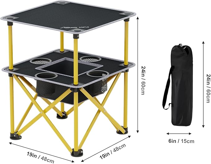 Folding Camping Table with 4 Cup Holders, Lightweight Portable Beach Outdoor Picnic Table, Square Camp Table with Built-in Food Basket Travel Bag for BBQ, Camping, Tailgate