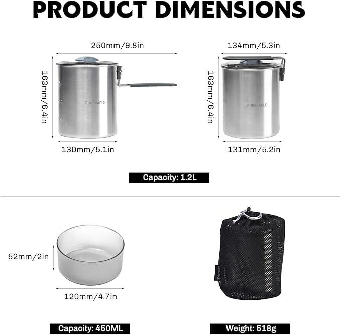 Fire Maple Antarcti Duo Cook Set | 1.2L Stainless Steel Camping Cookware Set | Foldable Camp Mess Kit with Utensils | Outdoor Camping Pot (Canister NOT Included)