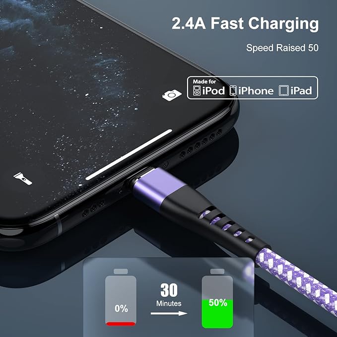 Essri 2Pack for iPhone Charger Cord 10FT, Lighting Cable 10 Feet to USB Charging Cable, Nylon Braided Charging Cord 10 Foot Compatible with iPhone 14 13 12 11 X XS XR 15 Pad -Purple