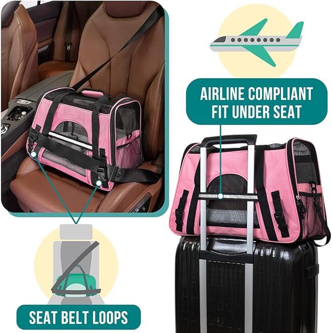 PetAmi Airline Approved Pet Carrier for Cats & Small Dogs, Soft Sided TSA Travel Carrier Bag with Sherpa Bed, Breathable Mesh Ventilation, Collapsible Bowl, Fits Under Seat, Up to 18 lbs, Large Pink