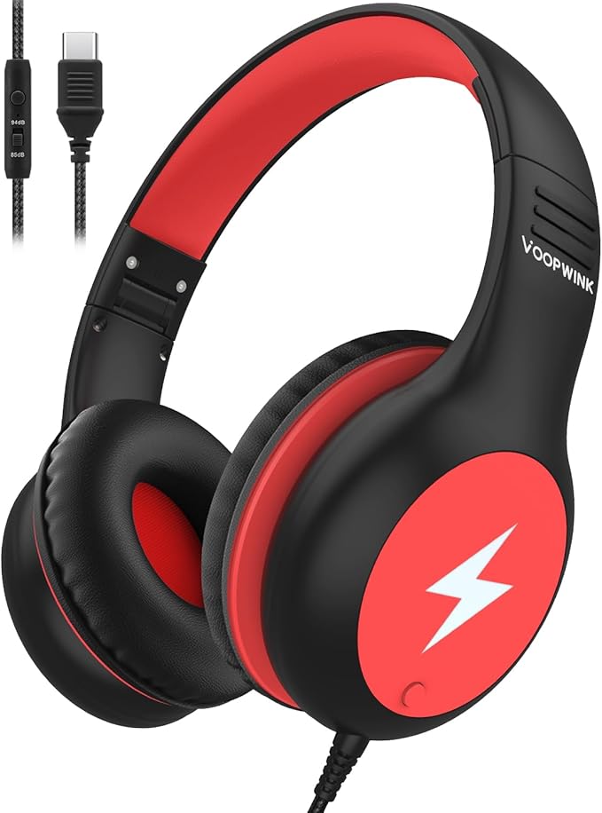 Voopwink Kids Headphones Wired with Microphone, USB Type C Headphones for Kids Girls Boys with Cord/LED Lights/85/94dB Volume Limit, Portable Over Ear Headphones for School/Travel/Tablet/iPad