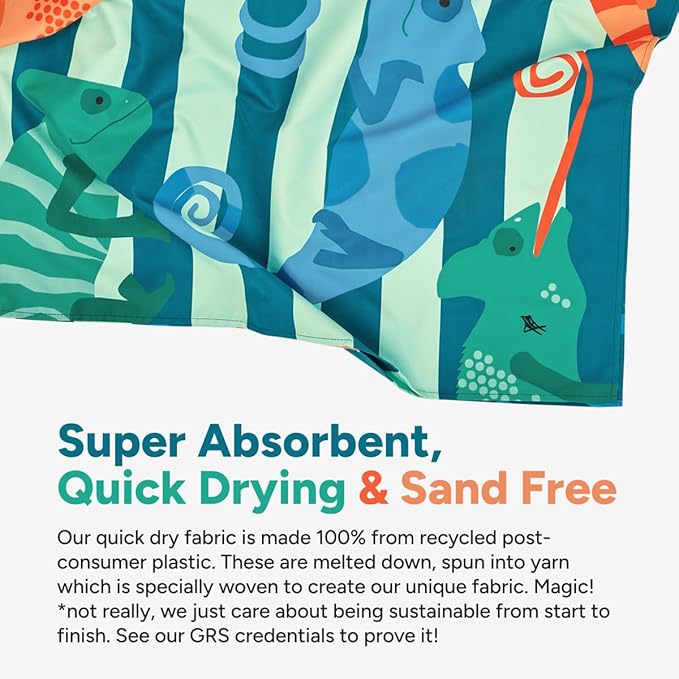 Dock & Bay Beach Towel - Quick Dry, Sand Free - Compact, Lightweight - 100% Recycled - Includes Bag - Karma Chameleon - Large (160x90cm, 63x35)