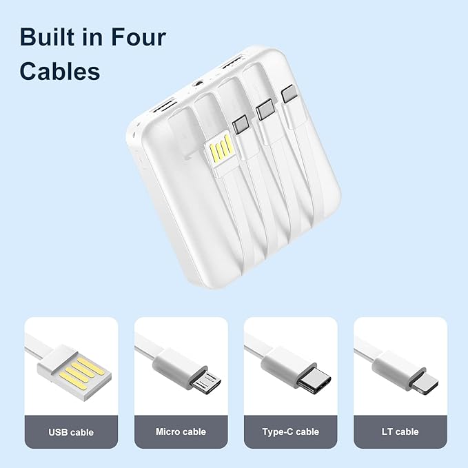 Solar Power Bank 12000mAh,Small Solar Charger Built in 4 Cables,USB C Input/Output,Dual Flashlight External Battery Portable Charger Power Bank for iPhone,Tablet,Samsung