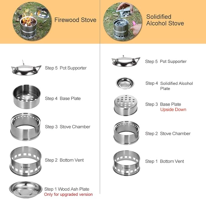 TOMSHOO Portable Folding Windproof Wood Burning Stove Compact Stainless Steel Alcohol Stove Outdoor Camping Hiking Backpacking Picnic BBQ
