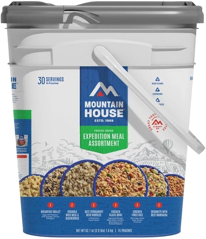 Mountain House Expedition Meal Assortment Bucket Freeze Dried Backpacking & Camping Food 30 Servings