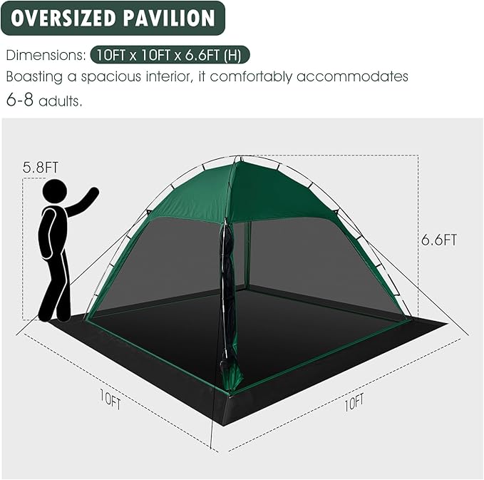 Screen Tent with Removable Floor, Siebwin Large 10'x10' Gazebos with Mosquito Netting and Removable Floor Sunproof Outdoor Canopy Tent for Backyard Party Outside Activities, Green