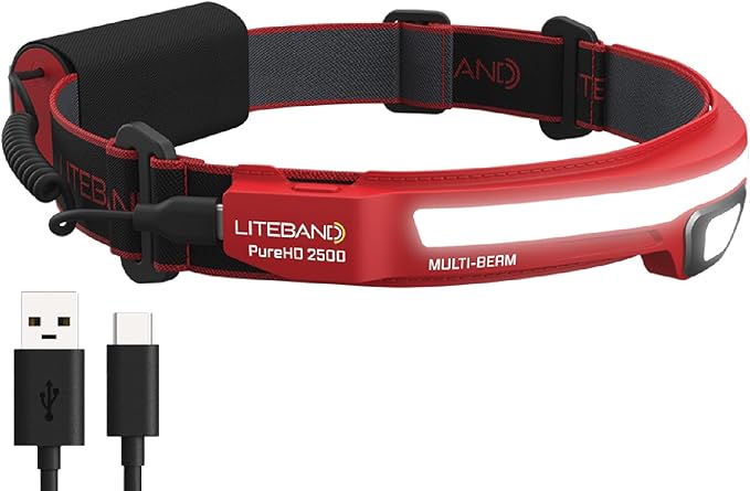 LED Headlamp, Liteband PRO PureHD 2500 Lumen Super Bright Head Lamp, Rechargeable Powerful Battery Powered Tactical Headlamps, Camping, Running, Hard Hat Light, Best Rated Forehead Flashlight, Red