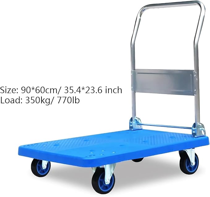 Heavy Duty Flatbed Hand Cart - Foldable Metal Handle Mute Wheels Ideal for Baggage Books Moving - High Capacity Transport Trolley (350 lbs)