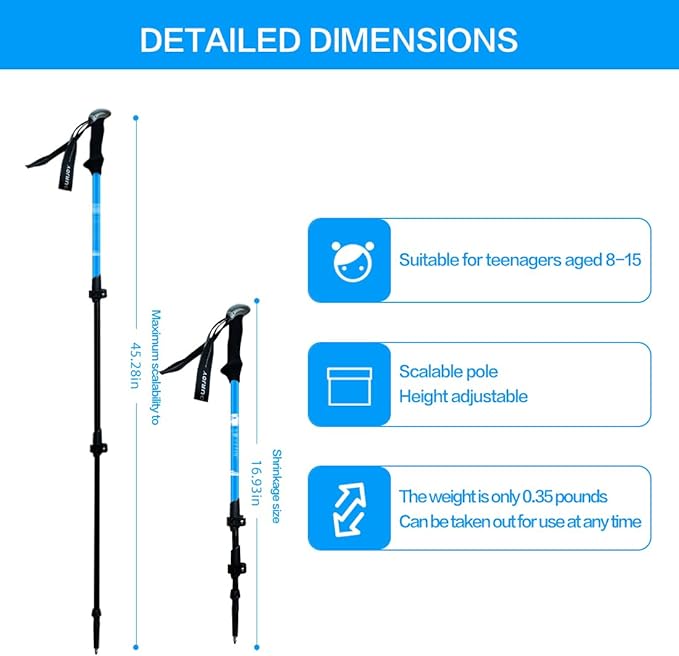 Hiking Trekking Poles, 2 Pack Anti Shock, Adjustable, Collapsible Hiking Poles for Trekking or Walking, Lightweight Aluminum Sticks for Children