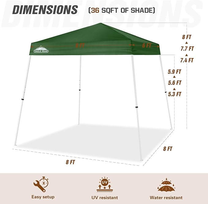 EAGLE PEAK 8x8 Slant Leg Pop-up Canopy Tent Easy One Person Setup Instant Outdoor Beach Canopy Folding Portable Sports Shelter 8x8 Base 6x6 Top (Green)