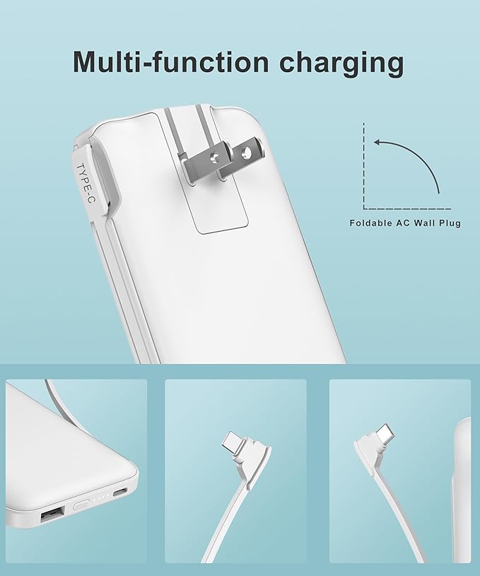 2-Pack 10000mAh Phone Portable Charger Power Bank, Built in Cable and AC Wall Plug, Fast Slim USB C Charging Battery Pack Travel Essentials Compatible with iPhone, Android, White & Purple