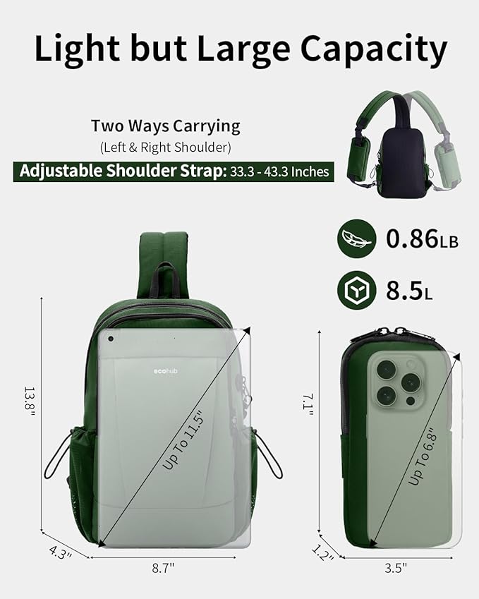 ECOHUB Crossbody Bags for Women Men, Anti-Theft RFID Blocking Roomy Sling Backpack with Sturdy SBS Zippers Water Resistant Chest Shoulder Bag Daypack with 9 Pockets Casual Outdoor Hiking, Army Green