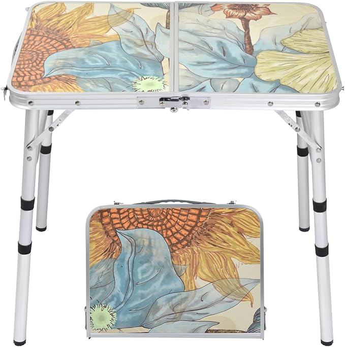 Small Folding Camping Table, 2ft Portable Picnic Table Aluminum 24" x 16" Folding Table, 3 Adjustable Heights Portable Lightweight Table Dining Table for RV, Picnic, Beach (Sunflower)