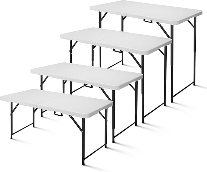 4ft Folding Table, Portable Fold-in-Half Adjustable Height Utility Table for Indoor/Outdoor Use, Durable HDPE & Steel, Stable & Lightweight, Multi-Purpose, White
