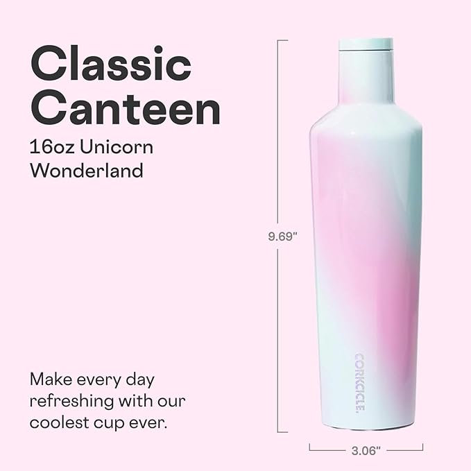 Corkcicle Classic Canteen Insulated Water Bottle - Stainless Steel Reusable Tumbler - Triple Insulated - Keeps Drinks Cold 25 Hours or Hot 12 Hours - Cupholder Friendly - Unicorn Wonderland - 25 oz