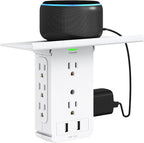 Socket Wall Shelf-CFMASTER 10 Port Surge Protector Wall Outlet, 8 Electrical Outlet Extenders and 2 USB Ports 2.4A, with Removable Built-In Shelf, FCC Listed (1, White)