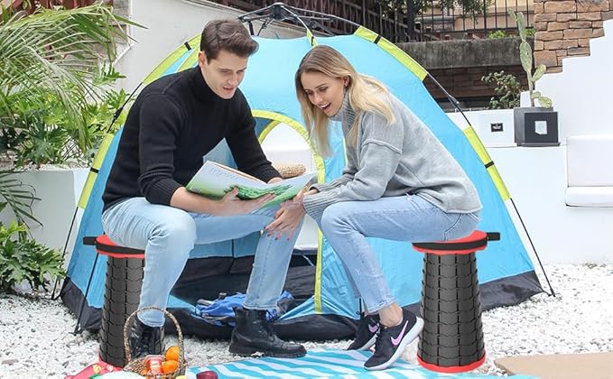 ALEVMOOM Telescoping Stool with Cushion, Portable Collapsible More Sturdy Capacity 440Ib, Retractable Collapsible Camping Adjustable Folding Stool for Hiking Garden BBQ