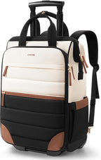 Rolling Puffer Backpack for Women, Travel Backpack with Wheels, 16 Inch Wheeled Laptop Backpck, Dual-Opening Design Overnight College Underseat Carry on Luggage, Roller Business Work Bag, Beige Brown