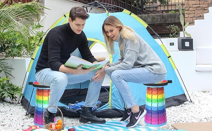 ALEVMOOM Portable Telescoping Stool with Cushion,Retractable More Sturdy Capacity 440Ib,Collapsible Adjustable Folding Stool for Camping Hiking Mountain Garden BBQ