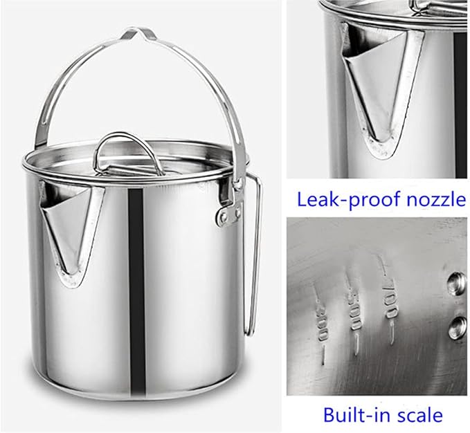 Outdoor Stainless Steel Kettle ，1.2L Mountaineering Camping Teapot， Portable Hanging Pot Cookware Coffee Pot Picnic Pot