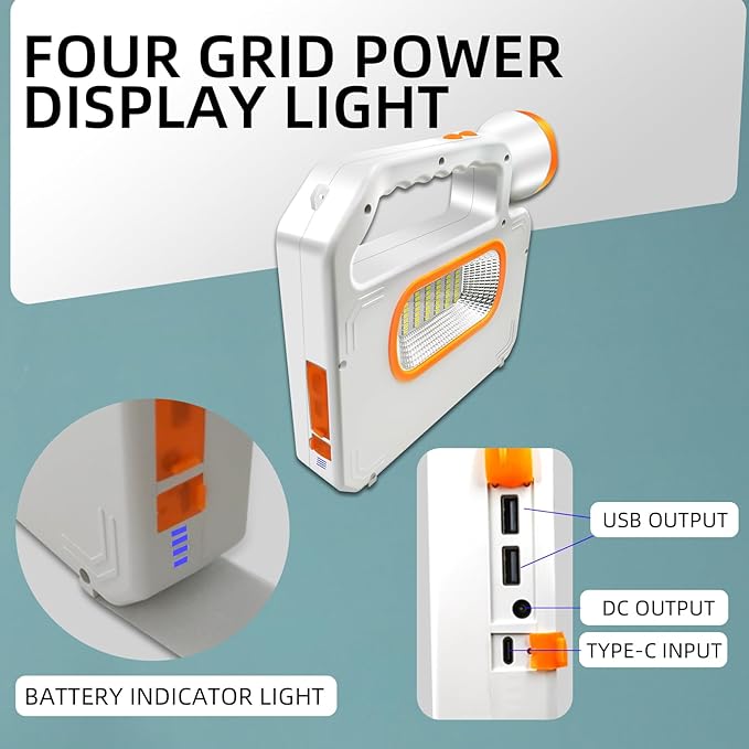 Portable Solar Flashlight LED Spotlight Side Floodlight Camping Lantern Emergency Household Lighting Rechargeable Via USB-C Interface Power Outage Emergency Light for Outdoor Hurricane