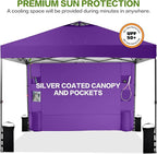 10'x10' Pop Up Canopy Tent with 1 Sidewall and 6 Pockets, One Push Setup, Instant Shade Tent with Vented Roof for Beach Patio Outdoor, Case, 8 Stakes, 4 Ropes, 4 Sandbags (Purple, 10x10)