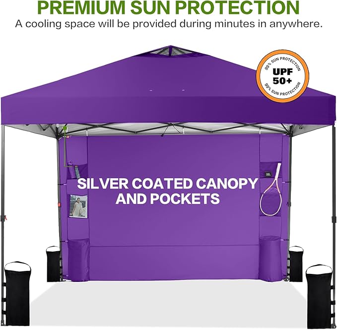 10'x10' Pop Up Canopy Tent with 1 Sidewall and 6 Pockets, One Push Setup, Instant Shade Tent with Vented Roof for Beach Patio Outdoor, Case, 8 Stakes, 4 Ropes, 4 Sandbags (Purple, 10x10)