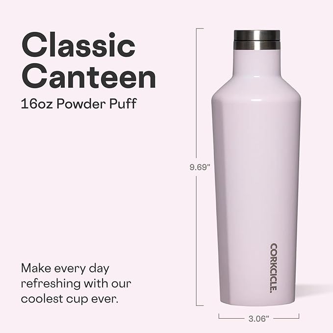 Corkcicle Classic Canteen Insulated Water Bottle - Stainless Steel Reusable Tumbler - Triple Insulated - Keeps Drinks Cold 25 Hours or Hot 12 Hours - Cupholder Friendly - Powder Puff - 25 oz